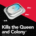 Close-up illustration of a pre-filled Raid bait station displayed over black and red background with copy.