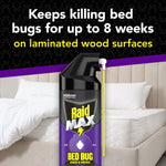 Raid Max Bed Bug foaming spray can in bedroom setting with text about killing bed bugs for up to 8 weeks