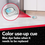 Floor-level photo with an inset close-up of a bait station illustrating blue dye fade color-use cue.