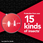 Graphic panel with white insect silhouettes inside a red circle and text stating protection from over 15 kinds of insects