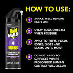 Raid Max Bed Bug foaming spray can next to instructional panel titled How To Use with numbered steps