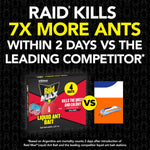Promotional graphic comparing Raid Max ant bait to a competitor with headline about killing more ants.