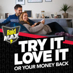 Lifestyle image of a couple on a couch with large Raid Max branding and try it love it money-back message.