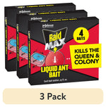 Three overlapping boxes of Raid Max Liquid Ant Bait packaging showing brand logo and 4 baits callout.