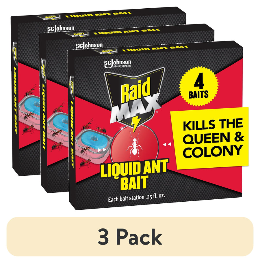 Three overlapping boxes of Raid Max Liquid Ant Bait packaging showing brand logo and 4 baits callout.