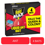 Single box of Raid Max Liquid Ant Bait packaging with bold yellow callout reading kills the queen & colony.