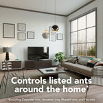 Stylized living room scene with text 'Controls listed ants around the home' positioned over the image of the room.
