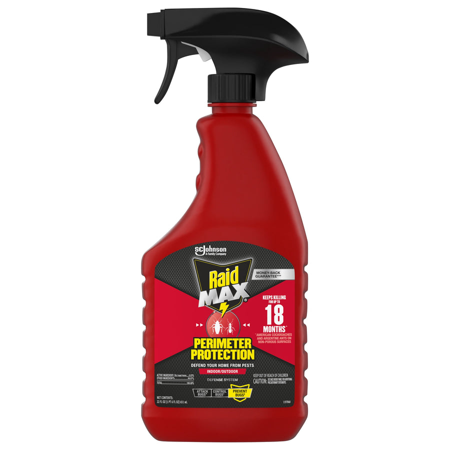 Front of red Raid Max Perimeter Protection spray bottle with black trigger and bold product label