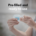 Hands holding a pre-filled clear plastic Raid bait station with headline text 'Pre-filled and ready-to-use' in background.