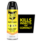 Can of Raid Multi Insect aerosol with yellow label and black cap beside a black panel reading “KILLS INSECTS ON CONTACT.”