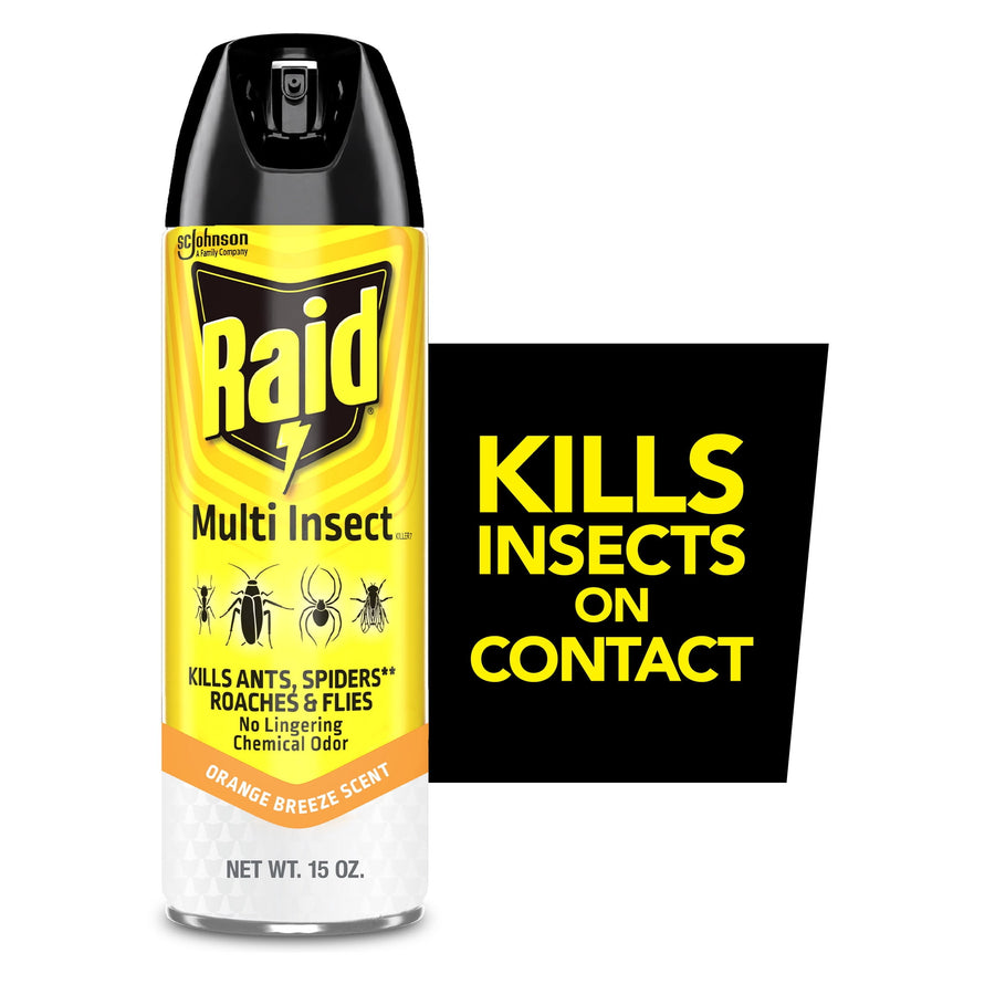 Can of Raid Multi Insect aerosol with yellow label and black cap beside a black panel reading “KILLS INSECTS ON CONTACT.”
