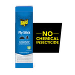 Raid Fly Stick product box beside a black panel stating “NO CHEMICAL INSECTICIDE” in yellow text.