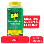 Green Raid Outdoor Fire Ant Mound Killer canister with yellow cap and bold text panel reading kills the queen & colony.