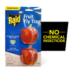 Packaged Raid Fruit Fly Trap with two apple-shaped traps visible and 'No Chemical Insecticide' callout