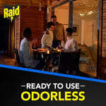 Lifestyle photo of friends dining on a lit porch at dusk with the Raid logo in the corner and “Odorless” headline.