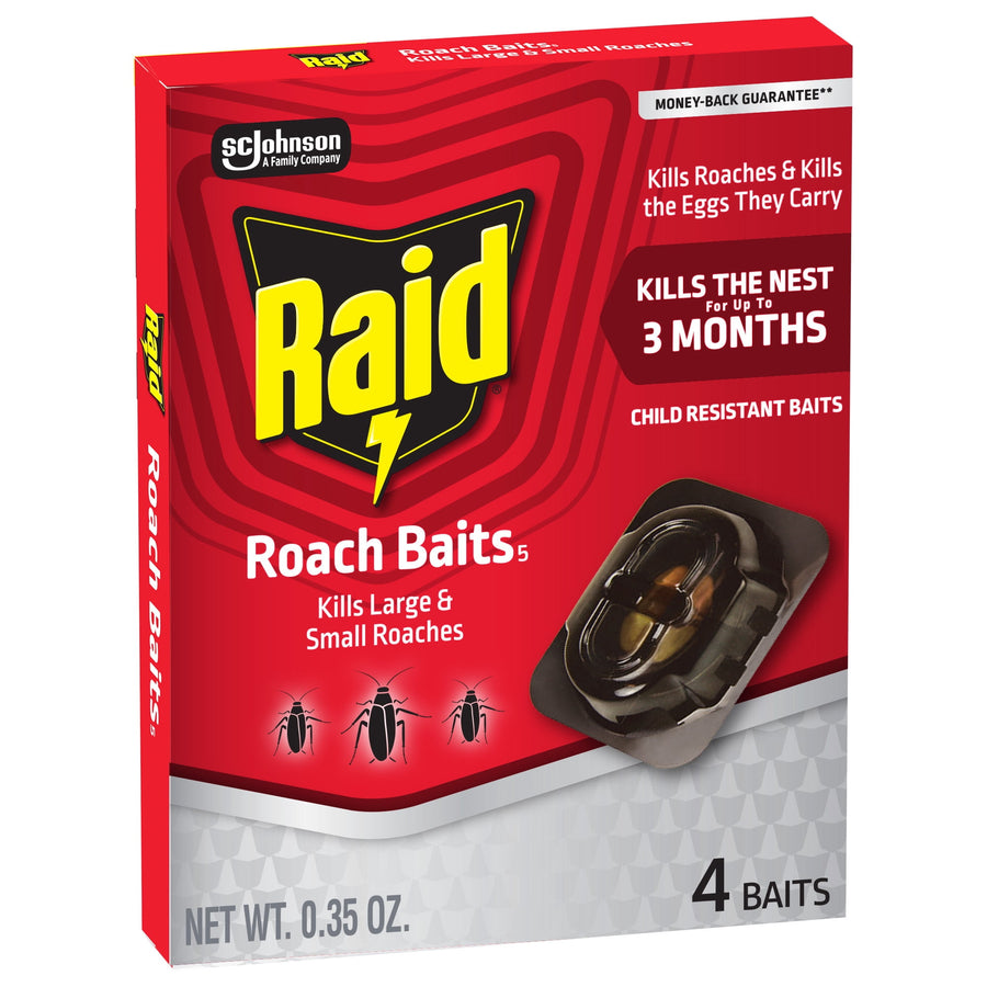 Red Raid Roach Baits retail box with logo, product blister image and text about killing roaches