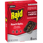 Red Raid Roach Baits retail box showing logo, bait station image and text about killing roaches and 8 baits