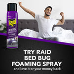 Raid Bed Bug foaming spray can beside a happy person stretching on a bed with a trial guarantee headline
