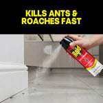 Hand spraying Raid Ant & Roach aerosol at baseboard with caption ‘Kills ants & roaches fast’