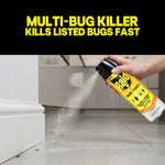 Hand spraying a can of Raid Multi Insect along a baseboard; bold header reads “MULTI-BUG KILLER KILLS LISTED BUGS FAST.”