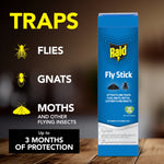 Raid Fly Stick packaging with black background infographic listing flies, gnats, and moths and protection claim.