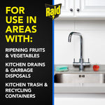 Informational panel showing kitchen sink scene and text listing areas where Raid fruit fly trap can be used