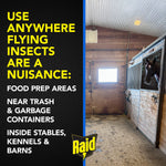 Split graphic: left text 'Use anywhere flying insects are a nuisance' with usage examples; right shows interior stable stall.