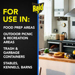 Split graphic with Raid logo and a kitchen scene, listing recommended use areas like food prep and outdoor picnics.
