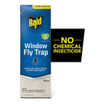 Raid Window Fly Trap box with a black callout panel reading 'NO CHEMICAL INSECTICIDE' on a white background.