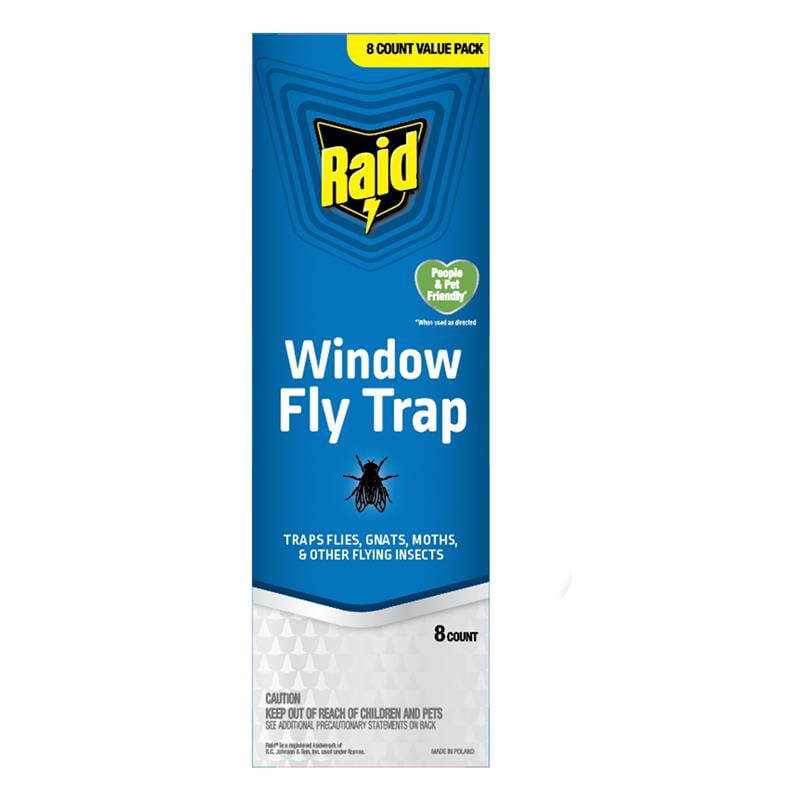 Single tall blue Raid Window Fly Trap package showing brand logo, product name and 8 count callout on white background.