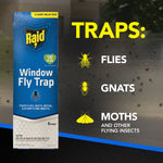 Raid Window Fly Trap package at left with infographic text listing insects trapped: flies, gnats, moths against a dark background.