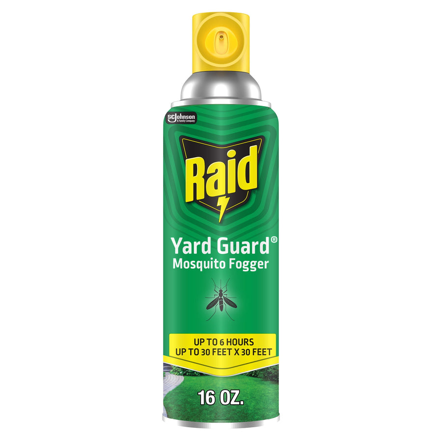 Front-facing Raid Yard Guard mosquito fogger aerosol can with green label and yellow spray nozzle