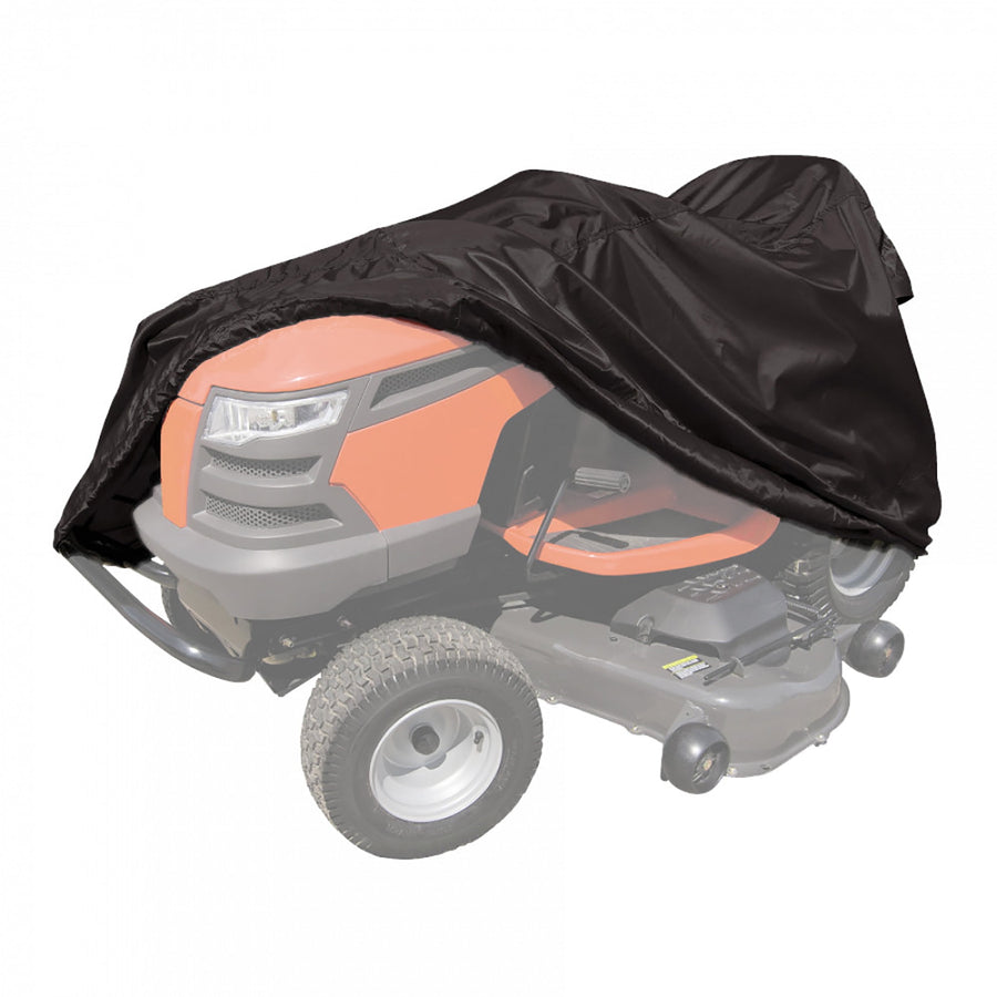 Black tractor cover draped over an orange lawn tractor, showing fitted shape and material drape