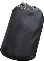 Drawstring storage bag made from dark fabric, shown standing with white cord closure at top