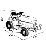 Black-and-white line drawing of a lawn tractor with arrows and measurements indicating 72", 45" and 42" dimensions