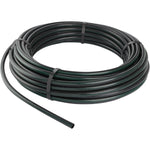 Coiled black irrigation tubing with thin green longitudinal stripe, bound with straps on a white background.