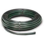 Coiled black irrigation tubing featuring a green stripe, neatly wound and secured with straps on a plain white background.