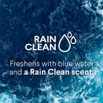 Ocean-style background with Rain Clean icon and text about freshening with blue water and Rain Clean scent