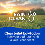 Scenic dewy grass sunrise background with ‘Rain Clean’ text and copy about clearing toilet bowl odors