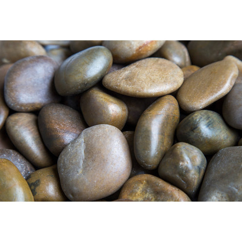 Close-up of smooth, medium brown and green polished river pebbles with a wet sheen and varied shapes.