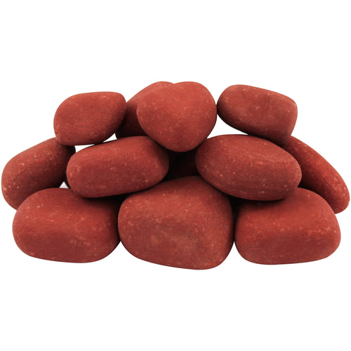 Pile of smooth reddish decorative river pebbles arranged on white background