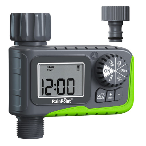 Close-up of a RainPoint digital outdoor irrigation timer with LCD display and control dial