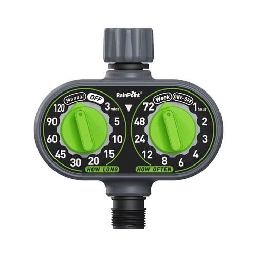 Close-up product image of a RainPoint two-dial outdoor hose timer with green knobs and black housing