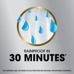 Icon of falling water droplets with bold text 'Rainproof in 30 minutes' on silver background