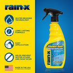 Rain‑X branding panel with icons and a yellow spray bottle of Shower Door Water Repellent on blue and yellow background.