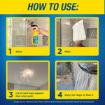 Instructional graphic showing four steps to use Rain‑X Shower Door Water Repellent with photos of spraying and wiping glass.
