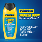 Rain‑X Shower Door X‑treme Clean bottle on a blue gradient background with large product name and benefit text.