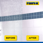 Split before-and-after image of tiled shower glass showing heavy spotting on left and cleaned clear tiles on right with Rain‑X logo.