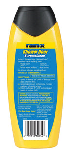 Rear view of a yellow Rain‑X Shower Door X‑treme Clean bottle showing the back label with directions, cautions and barcode.