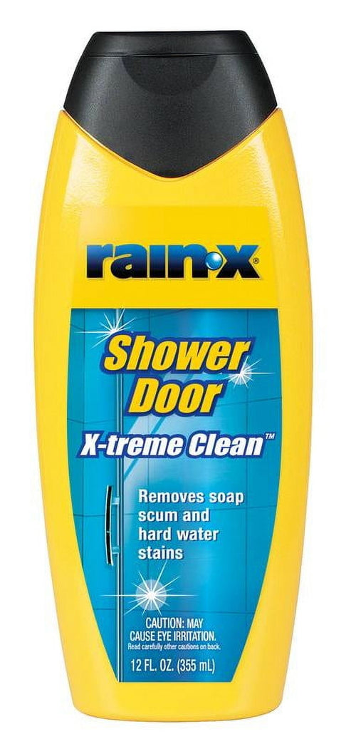 Yellow Rain‑X Shower Door X‑treme Clean bottle shown front-facing with blue label and black cap.